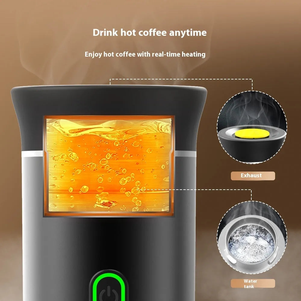 Portable white espresso machine with USB cable on a wooden table
