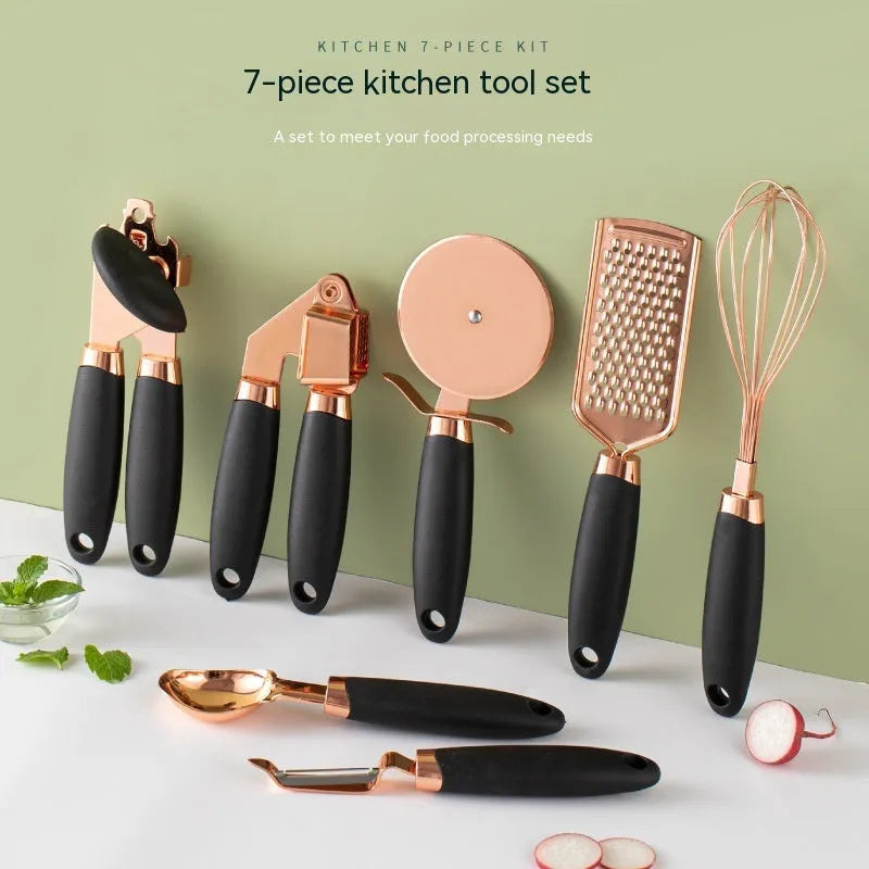 Seven-piece stainless steel kitchen tool set with rose gold finish and copper plating elements