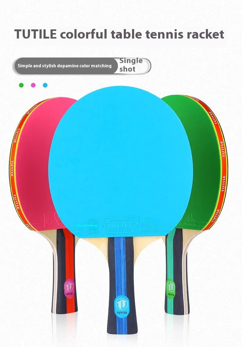 Colourful table tennis racket with pure wood construction and long handle next to matching protective bag