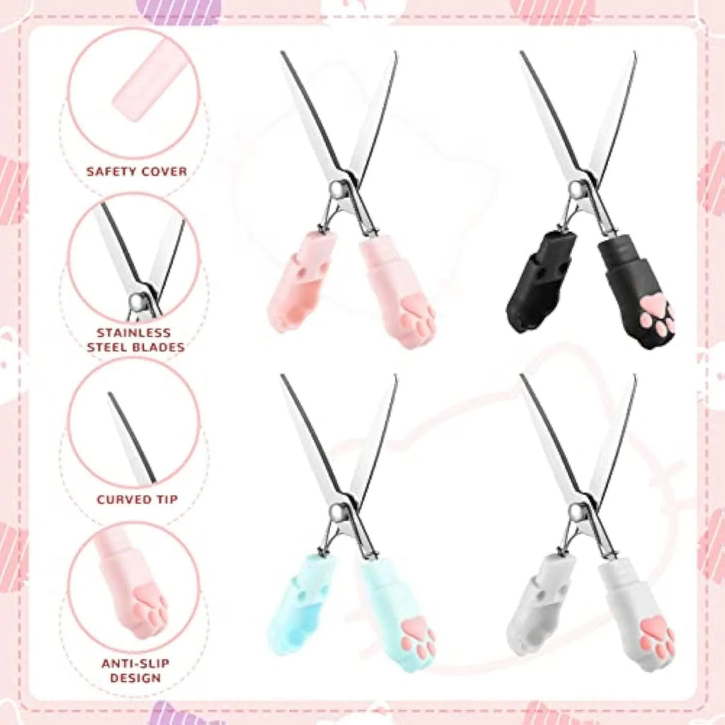 Cat paw design mini folding safety scissors in four colours: black, blue, pink, and white.