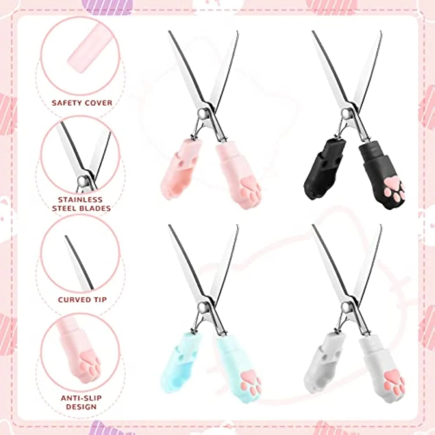 Cat paw design mini folding safety scissors in four colours: black, blue, pink, and white.