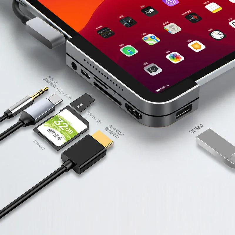 Silver aluminium grey 6-in-1 USB-C docking station for iPad Pro with multiple ports