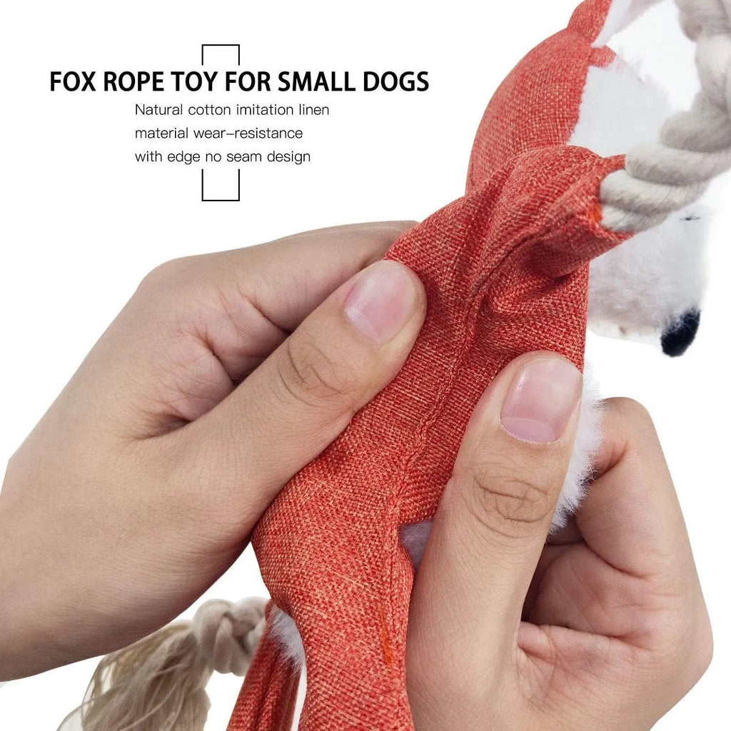 Brown fox-shaped dog toy with rope arms and legs, embroidery eyes, squeaker and crinkle sounds