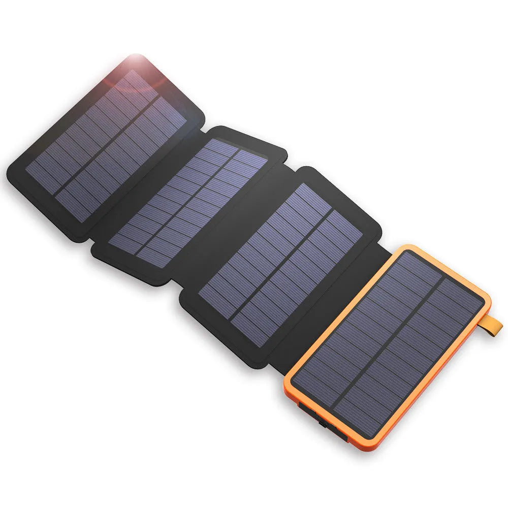 Solar power bank with monocrystalline panel showing black, blue, green, and orange colour options