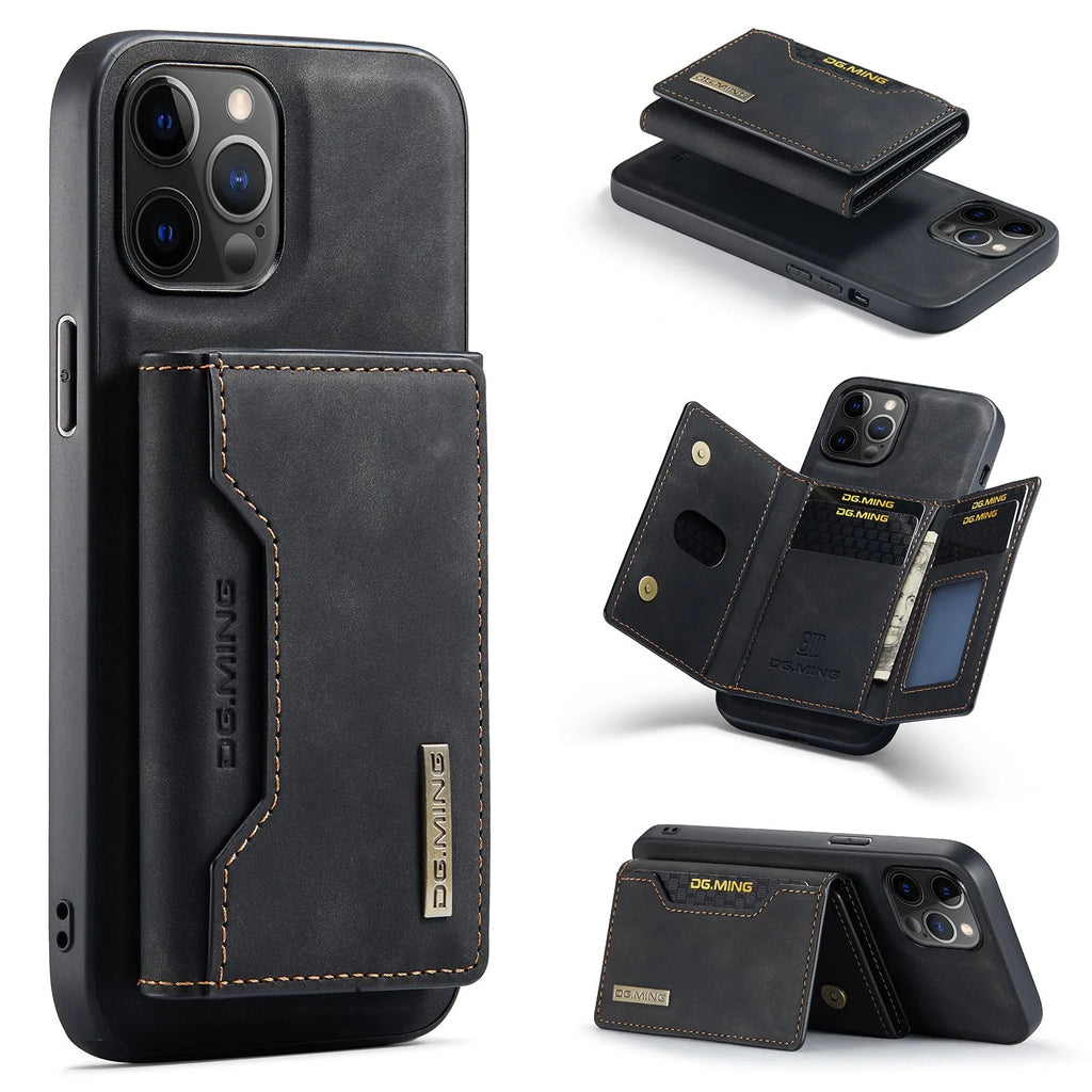 Magnetic card holder split protection phone shell for Apple iPhone, handmade PU in combination black