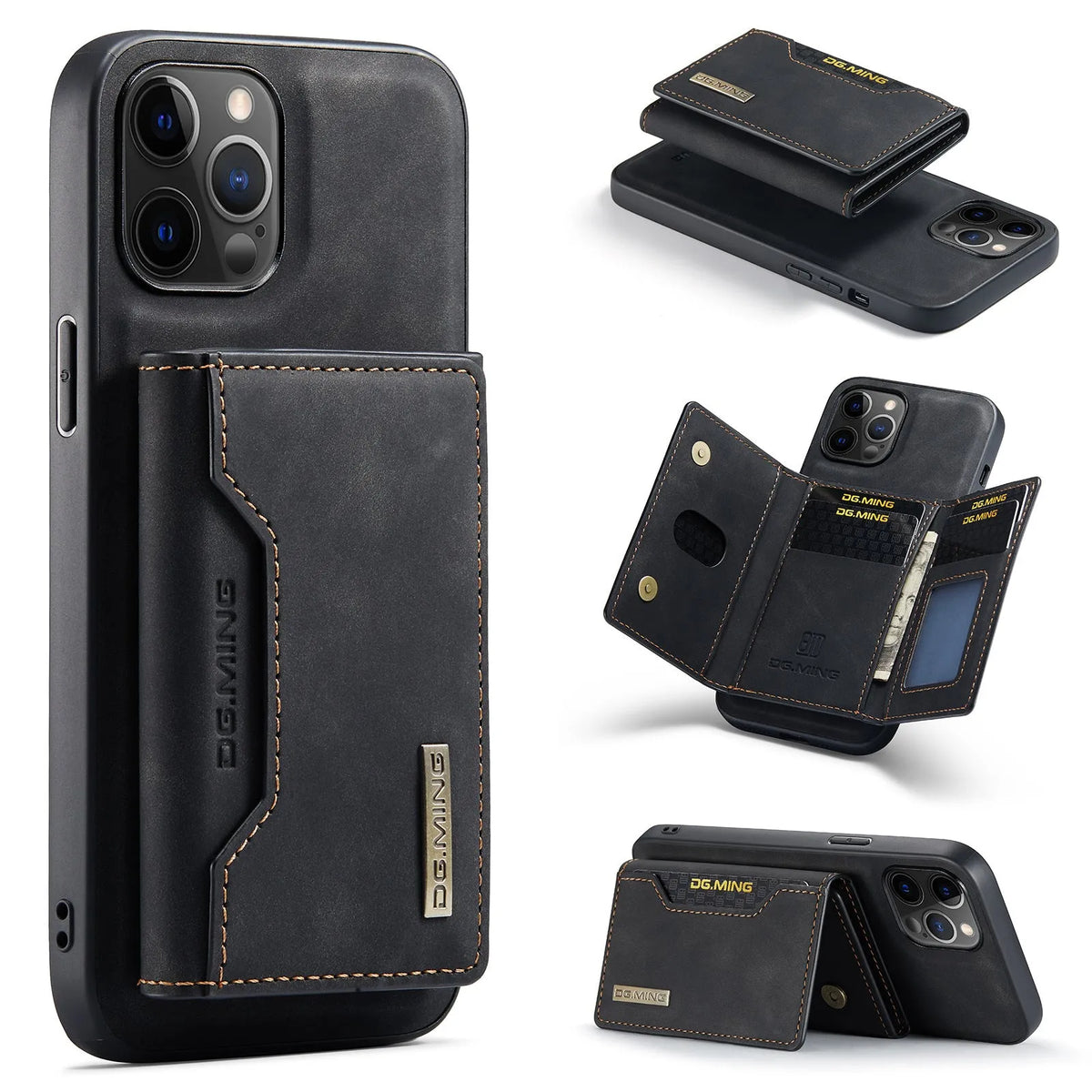 Magnetic card holder split protection phone shell for Apple iPhone, handmade PU in combination black