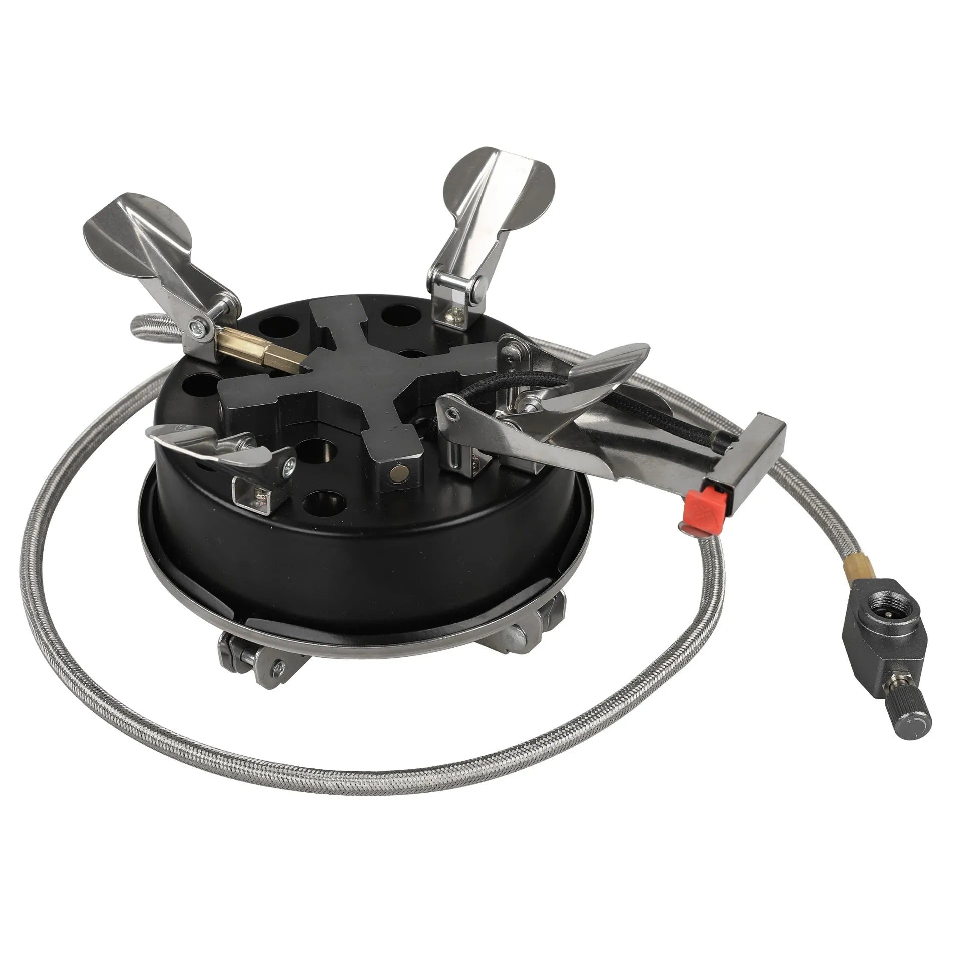 Silver portable split camping stove with stainless steel body and a long black flexible hose.