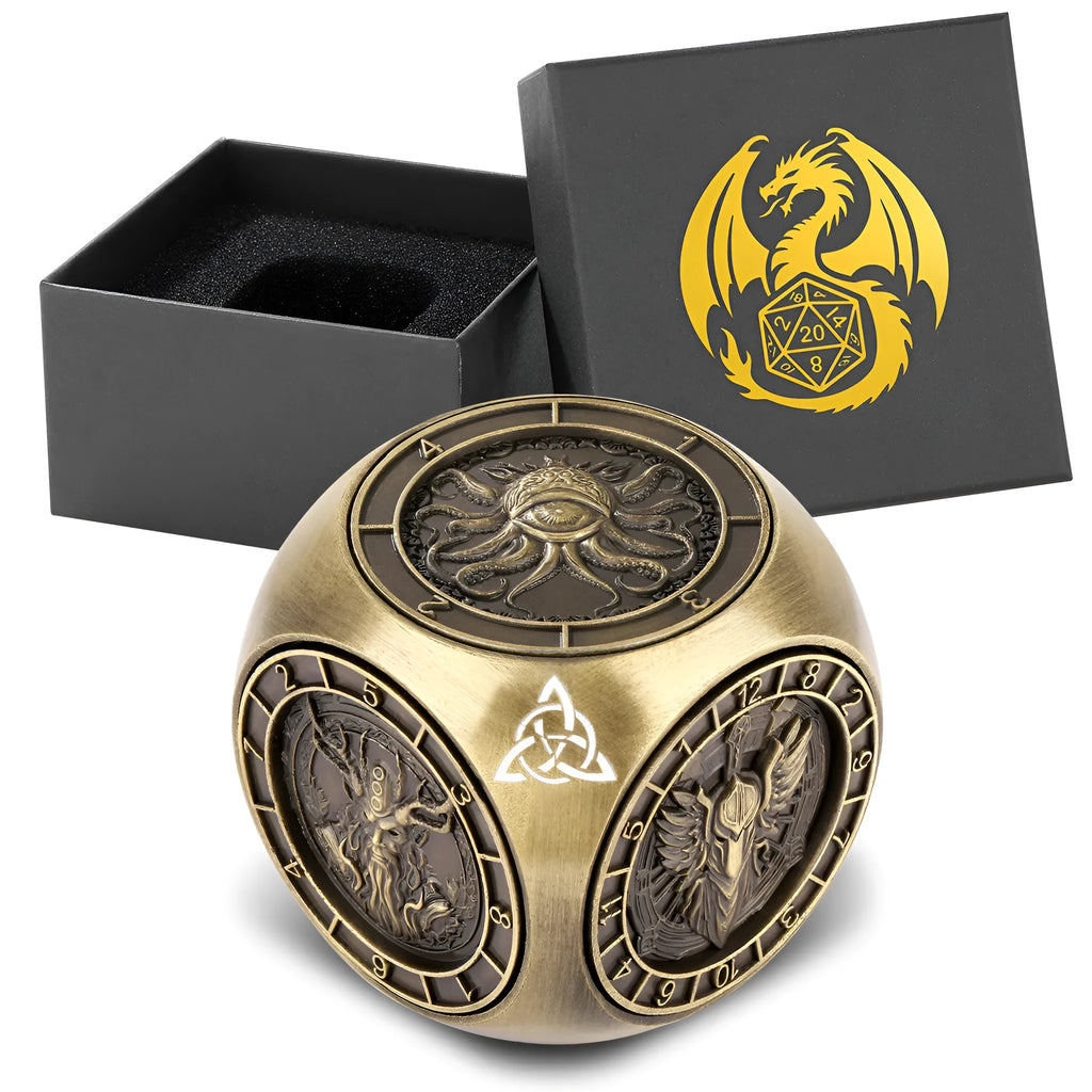 6-pack retro metal dice wheel gift box set in bronze, dark silver, and black zinc alloy with compact 3.5 cm size