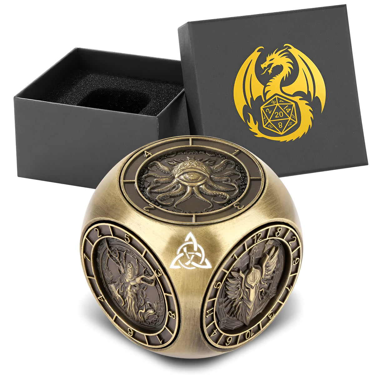 6-pack retro metal dice wheel gift box set in bronze, dark silver, and black zinc alloy with compact 3.5 cm size