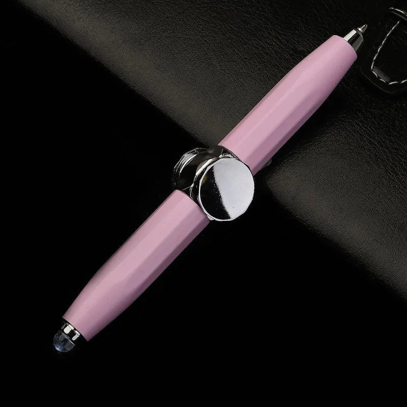 Silver metal LED pen with a spinning gyro top and ballpoint tip, shown with multiple coloured ink refills.