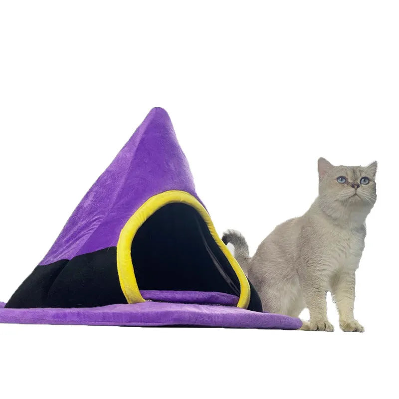 Purple Halloween witch hat shaped cloth cat bed for large cats