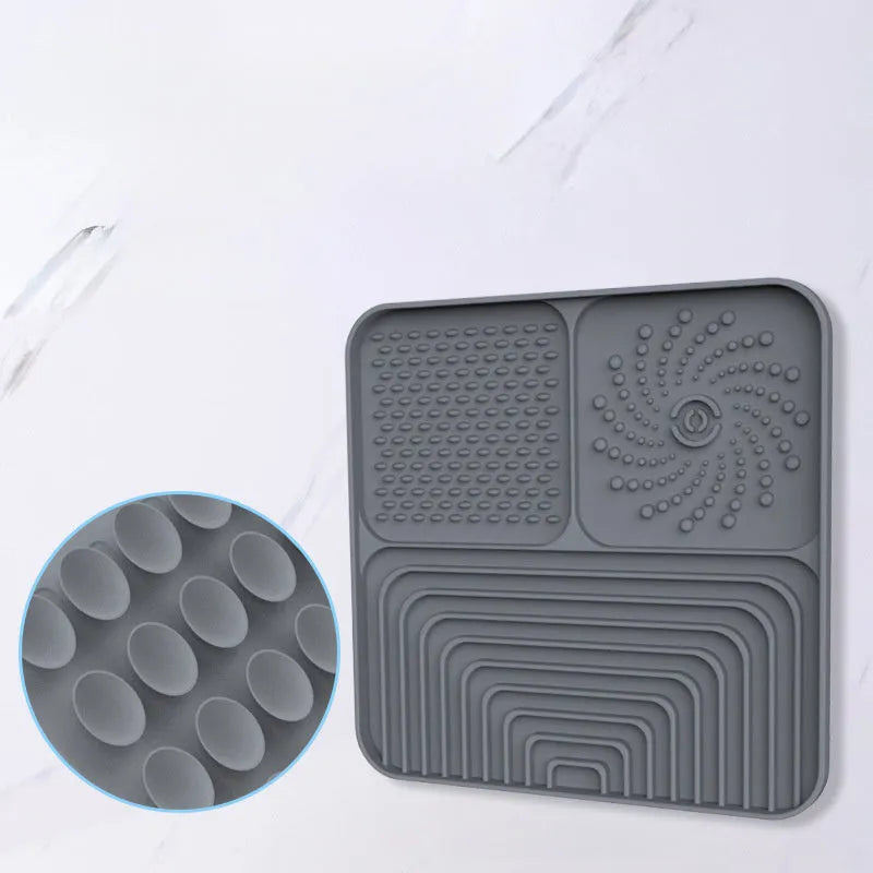 Square silicone slow food mat for dogs and cats with suction cup base, in blue colour