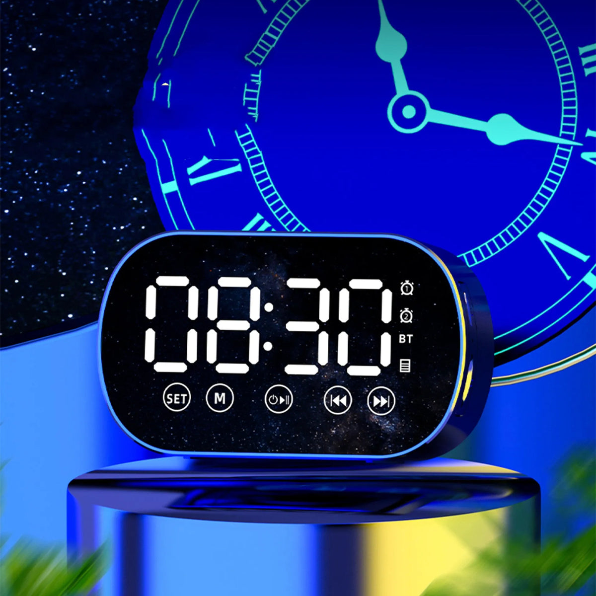Multifunctional wireless Bluetooth speaker mirror mini alarm clock with FM radio and TF card playback, 84 x 37 x 50mm