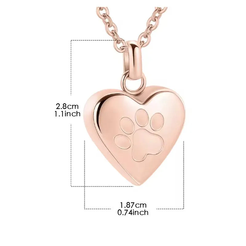 Simple openable heart pendant necklace with paw print, made from polished titanium steel for ashes.