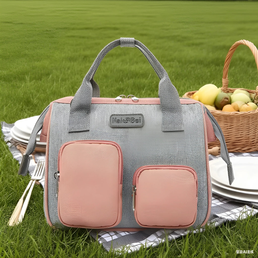 A grey oxford cloth handbag showing its large main compartment and external three-dimensional pocket.