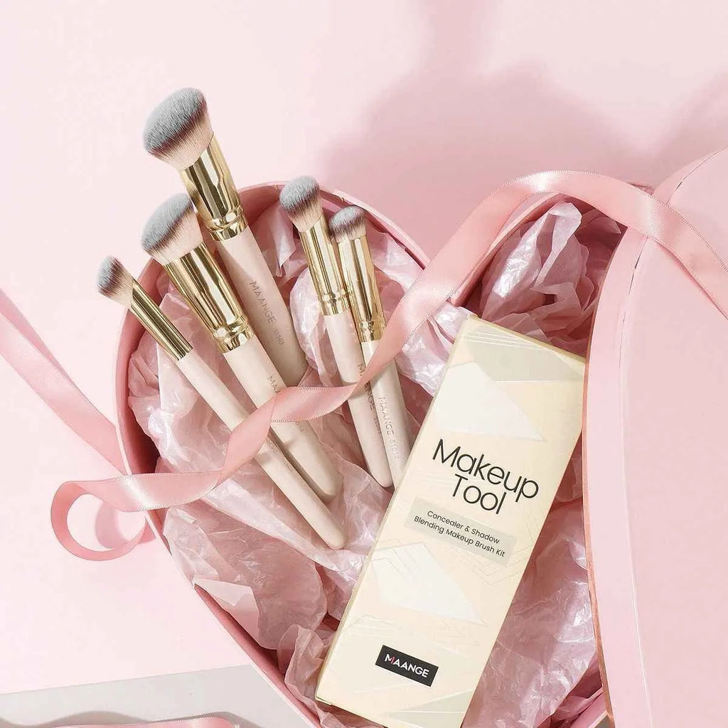 MAANGE angled blush makeup brush set in apricot with synthetic bristles
