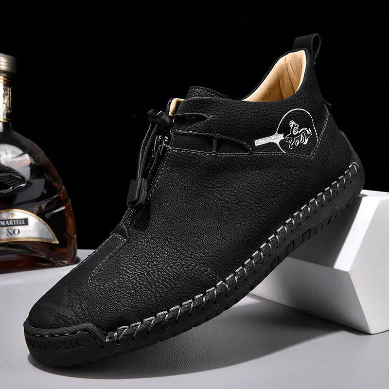 Men's casual leather shoes with round toe and mid heel in black, blue, green, khaki colour options
