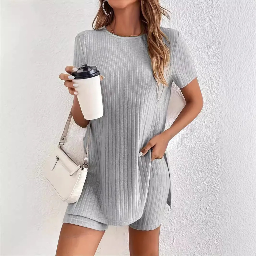 Women's cotton crew neck shorts set in khaki with ribbed texture detail