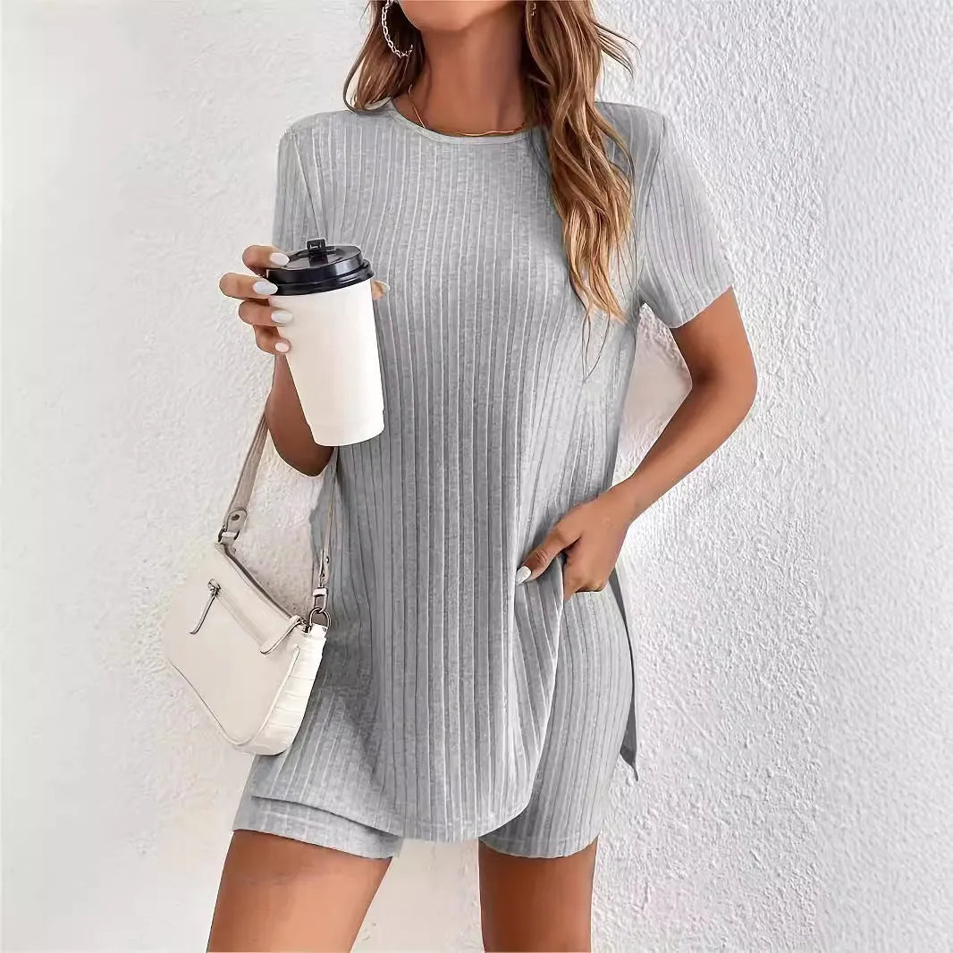 Women's cotton crew neck shorts set in khaki with ribbed texture detail