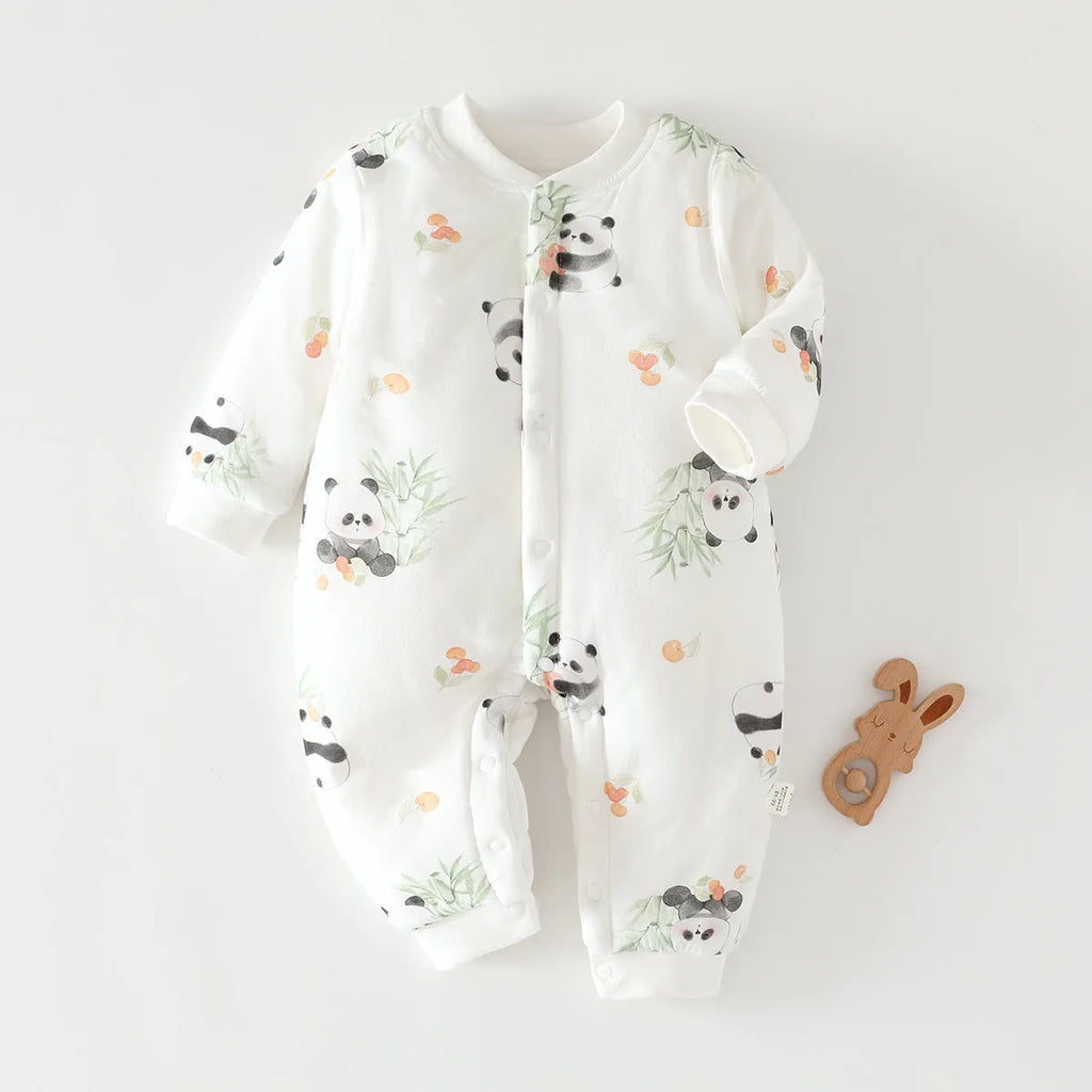 Infant one-piece romper in cotton with closed crotch, long sleeves, and animal-themed colours.