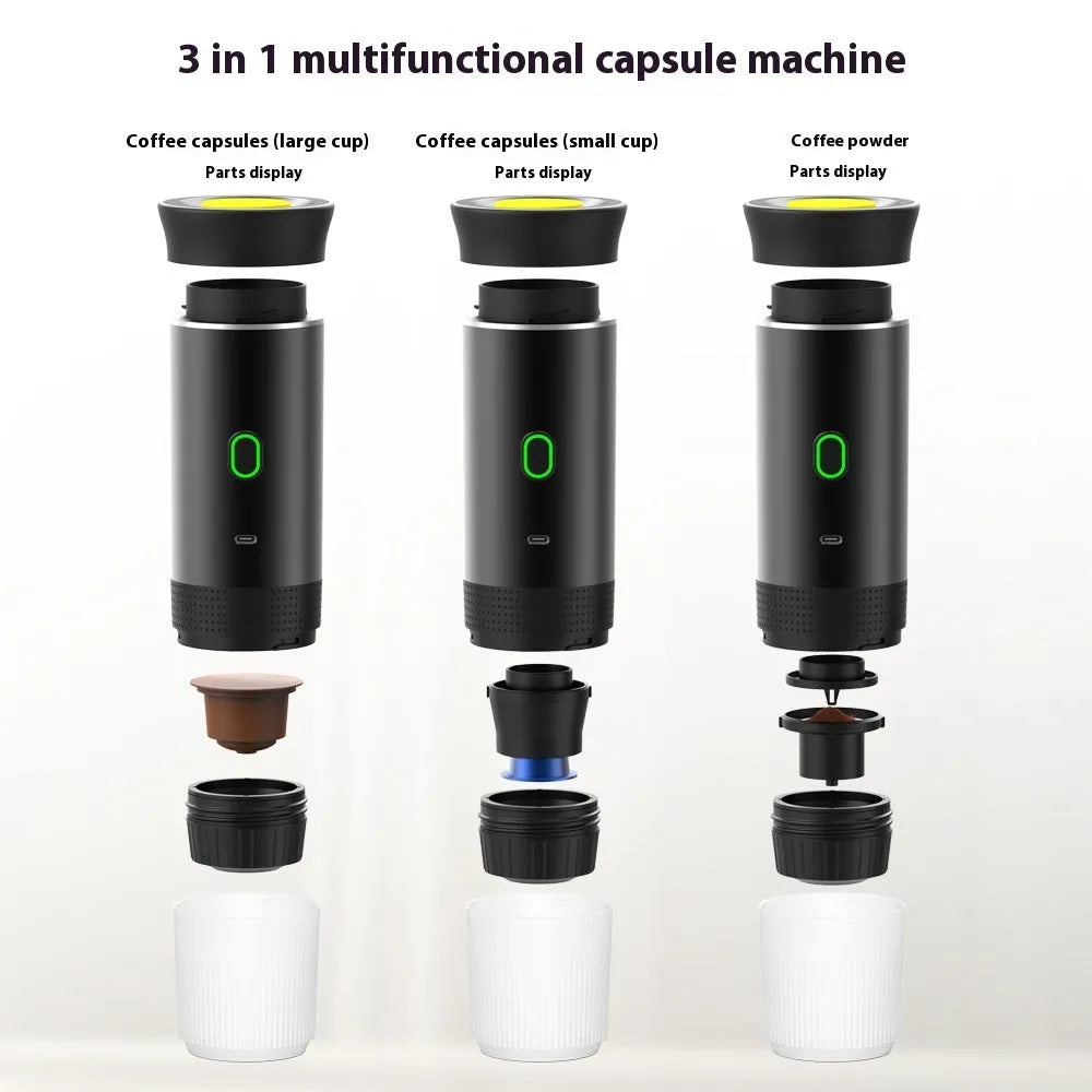 Portable white espresso machine with USB cable on a wooden table