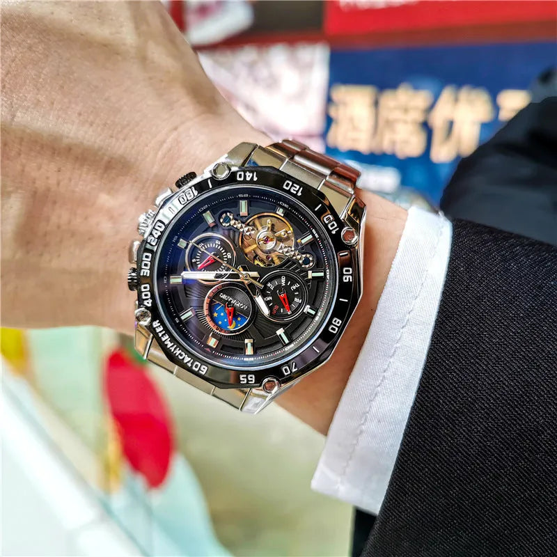 Men's automatic mechanical watch with a 12mm steel case on wrist, showing black dial and black case option.