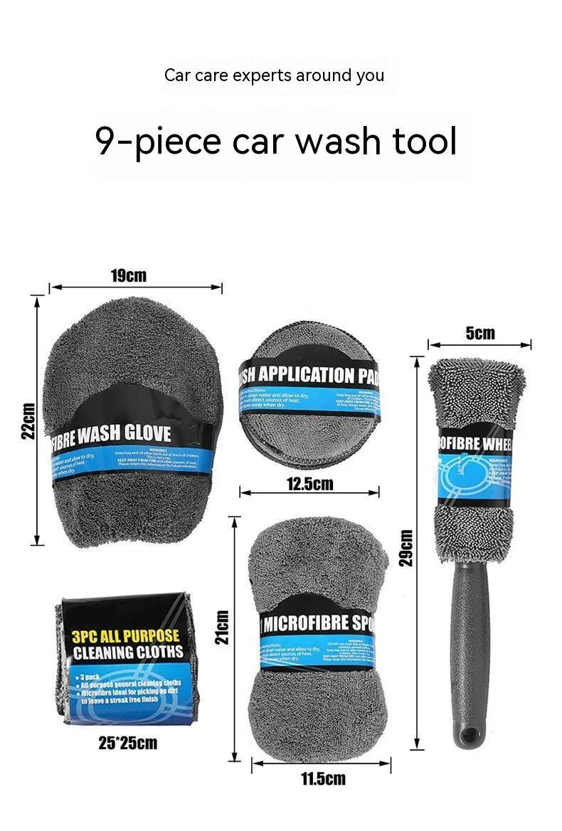 9-piece grey car cleaning set with microfiber towels, waxing wipes, sponge, gloves and tyre brush