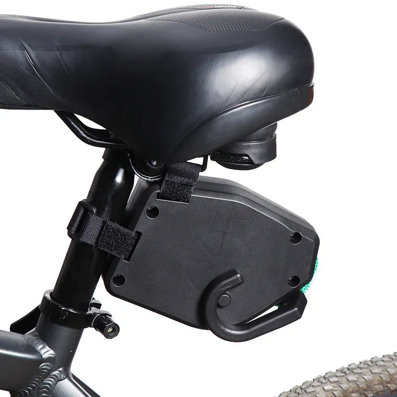 Black plastic resin bicycle trailer rope with hook-and-loop fastening for trailer security