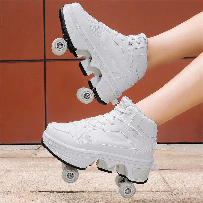 Boys and girls double wheel roller sneakers with retractable PU wheels in purple colour