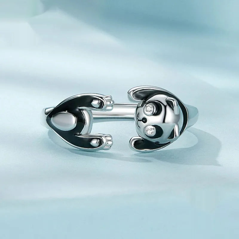 Adjustable opening sterling silver ring bracelet with cute panda design and white gold plating