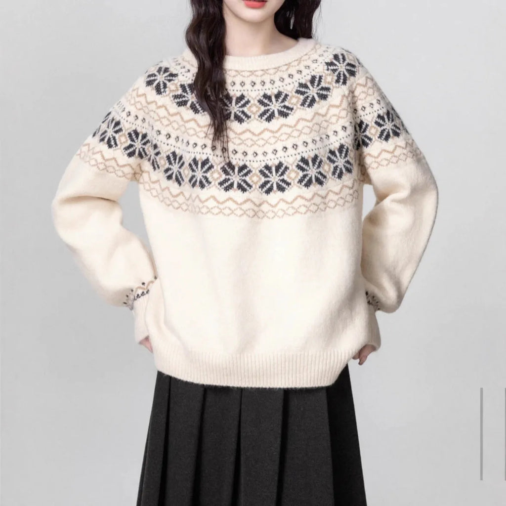Milky White women's vintage Fair Isle geometric pattern pullover sweater with a loose fit and crew neck.