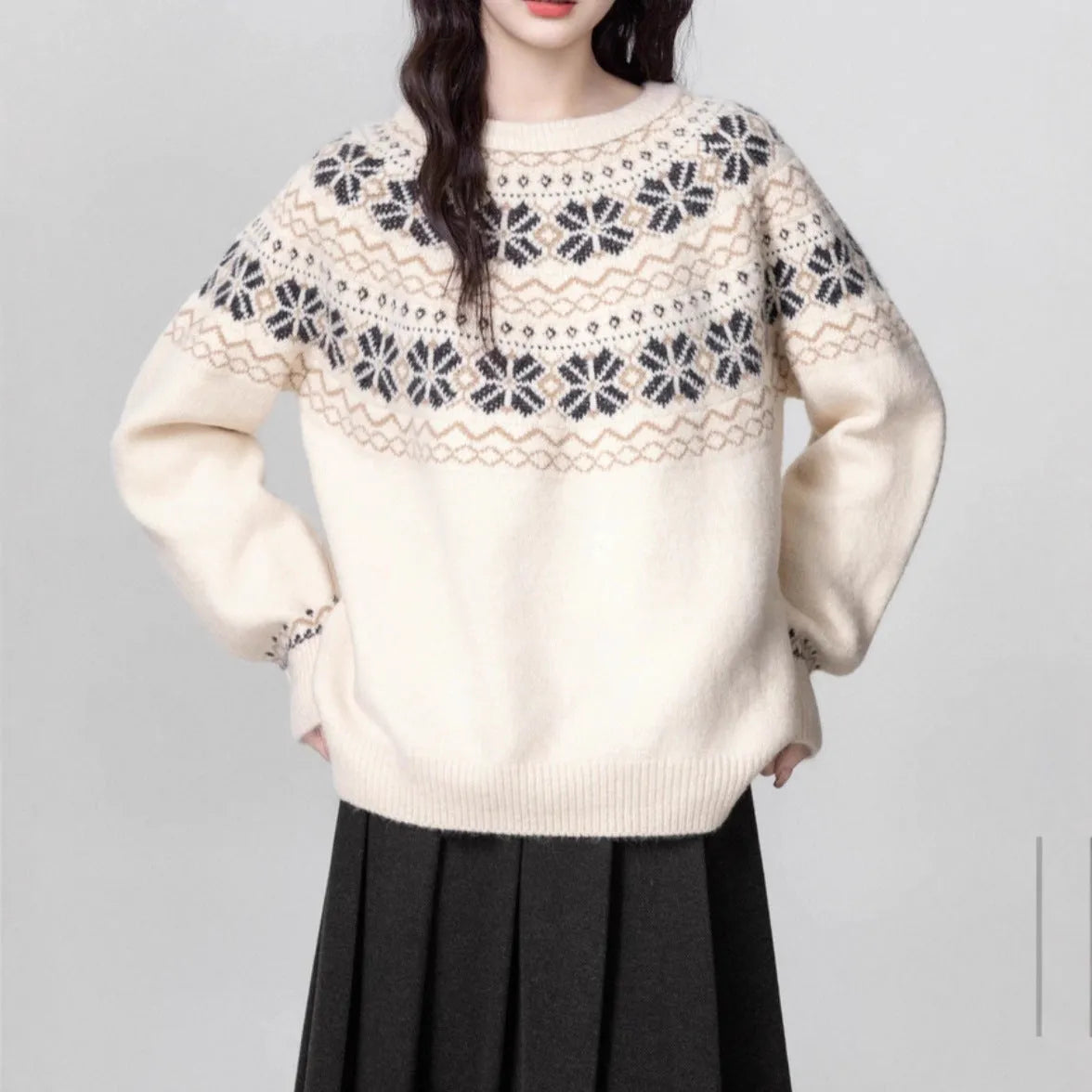 Milky White women's vintage Fair Isle geometric pattern pullover sweater with a loose fit and crew neck.