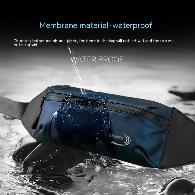 Men's black waterproof waist bag made from Derm Oxford polyester, shown with adjustable strap.