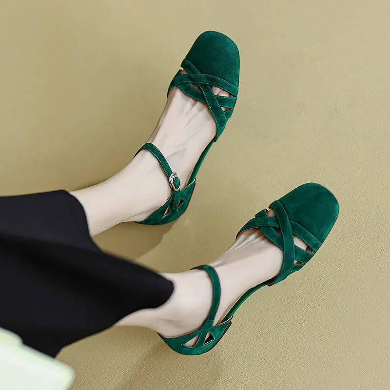 French retro Roman sandals with buckle fastening in apricot colour with round toe design