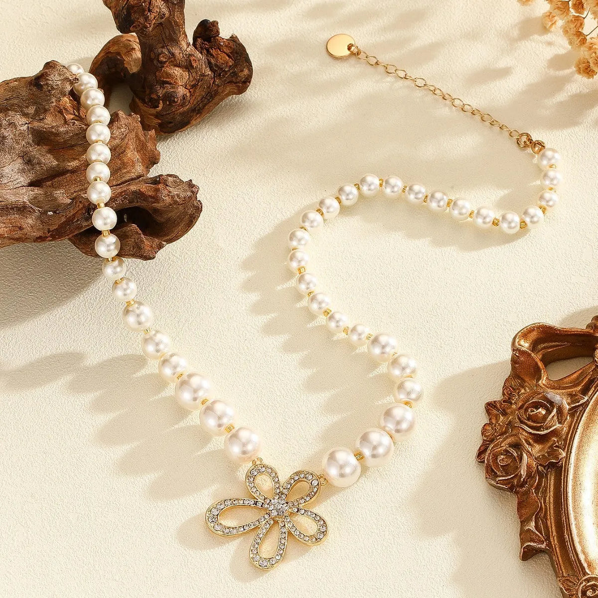 French romantic flower necklace with white petal pendant and gold-tone chain, Style1 single necklace