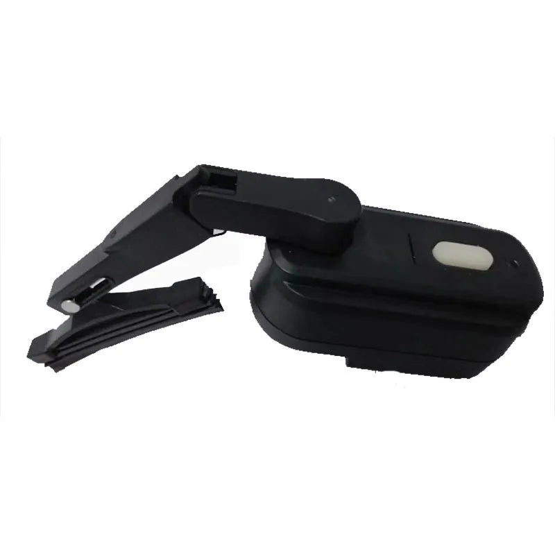 Black plastic 65mm wiper blade and motor unit for motorcycle helmet installation.