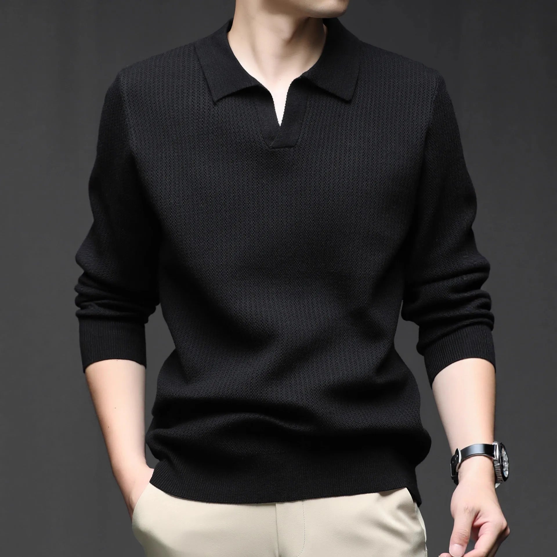 Men's loose pullover sweater in green colour showing casual autumn styling