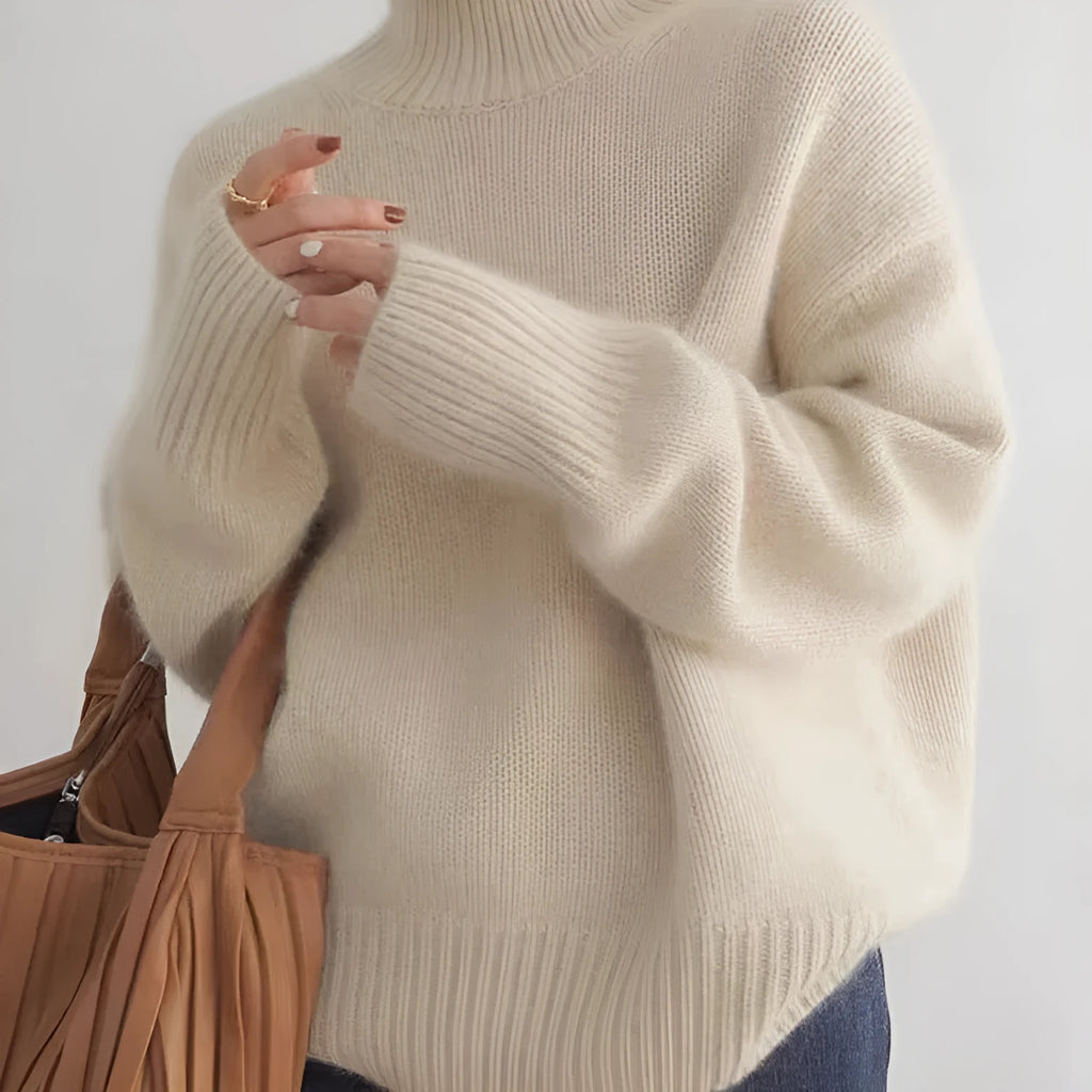 Women's high-neck loose knit pullover sweater in solid colour with long sleeves and one-size fit