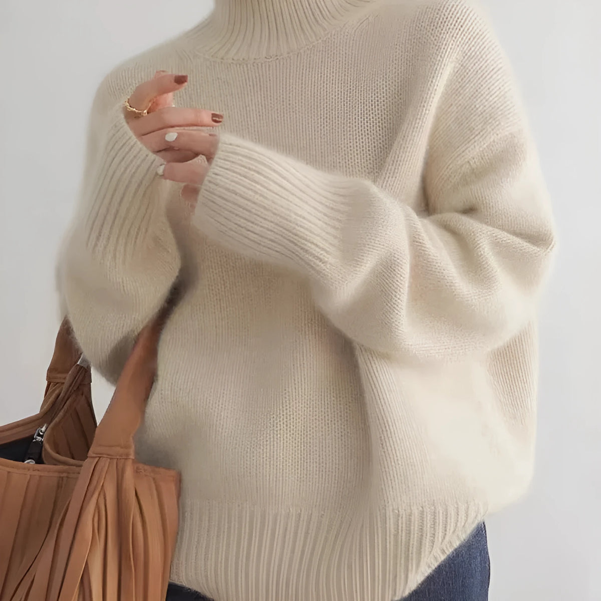 Women's high-neck loose knit pullover sweater in solid colour with long sleeves and one-size fit
