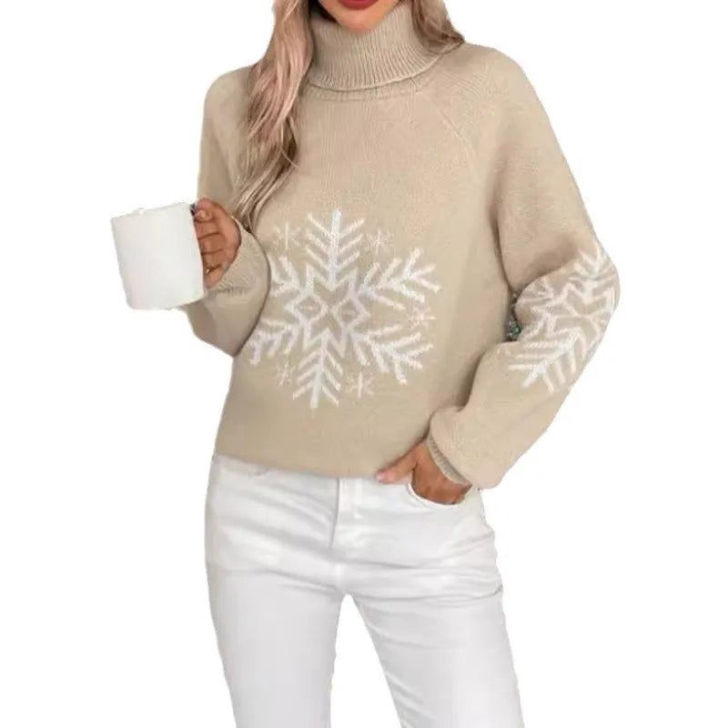 Women's high collar jacquard knit pullover sweater with plants and flowers pattern, medium length 65cm