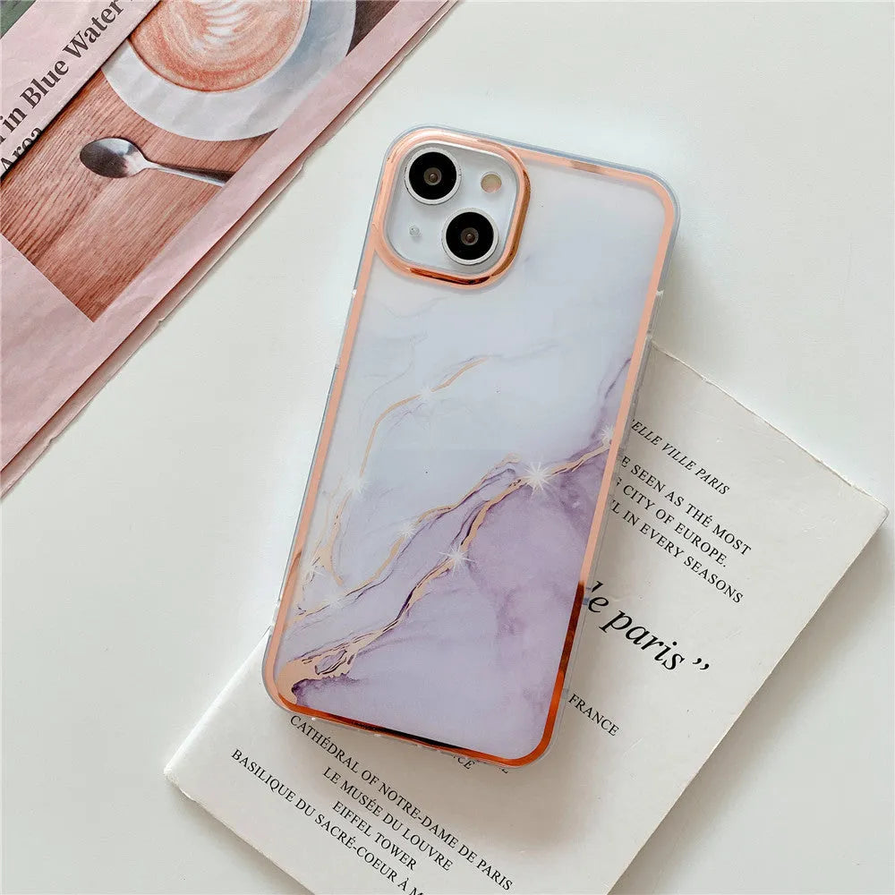 Electroplate marble phone case with mirror finish for iPhone 14 Pro, pink colour