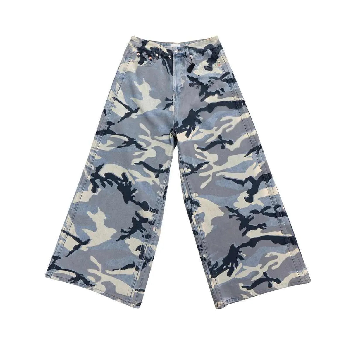 Snow camouflage blue jeans showing mid-waist design and loose fit trousers
