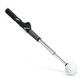 A telescopic golf swing simulator made of stainless steel, shown in black, blue, and red colour options.