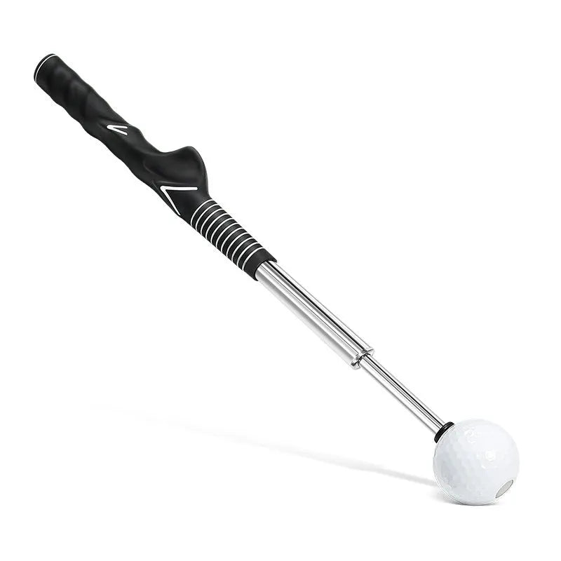 A telescopic golf swing simulator made of stainless steel, shown in black, blue, and red colour options.