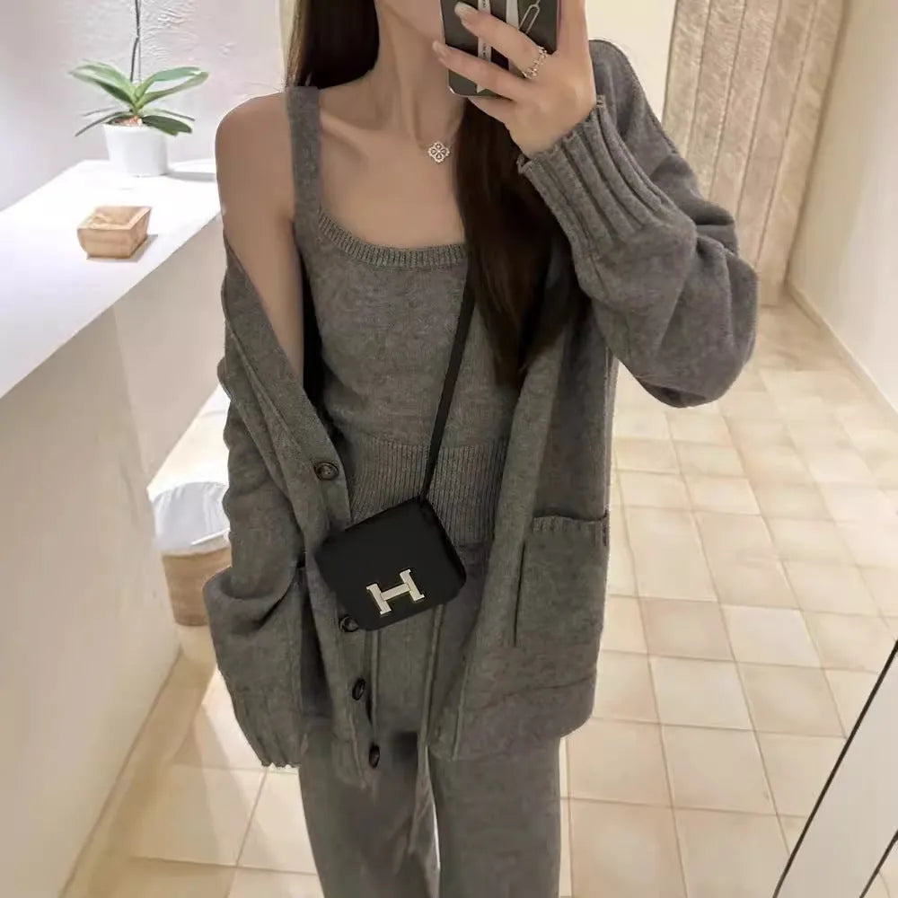 Women's knit cardigan suspender pants three-piece set in wool blend fabric