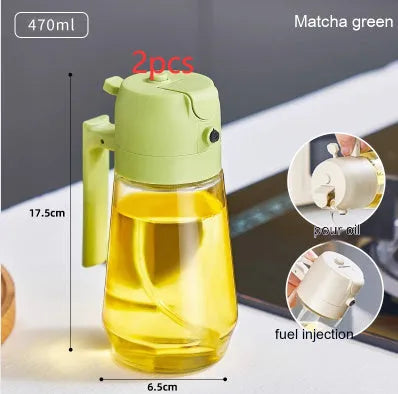 Glass oil sprayer and pour dispenser bottle in beige, yellow, green, or black with ergonomic handle.