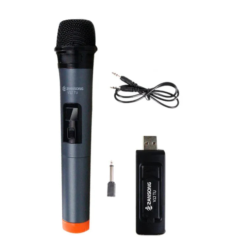 Black V12 wireless dynamic handheld microphone with USB receiver and cables