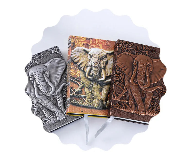 PU leather embossed retro notebook with Bronze relief cover showing beige inner pages