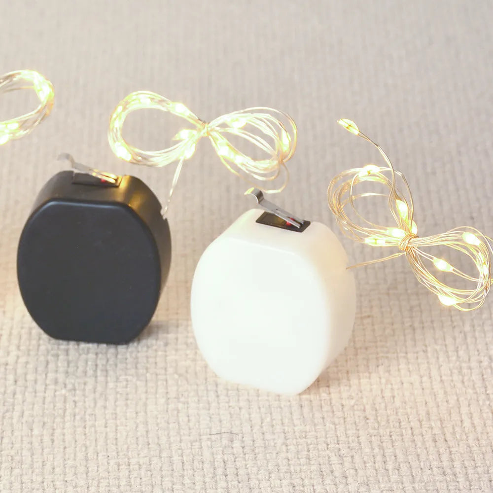 Copper wire LED button light string with battery box, shown in warm white and white light options.