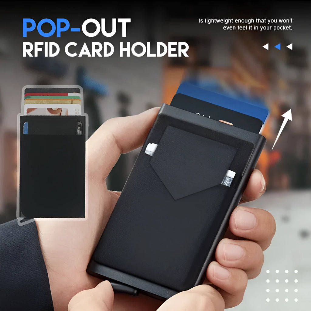 Frosted aluminium alloy credit card holder in multiple colours showing slim profile.